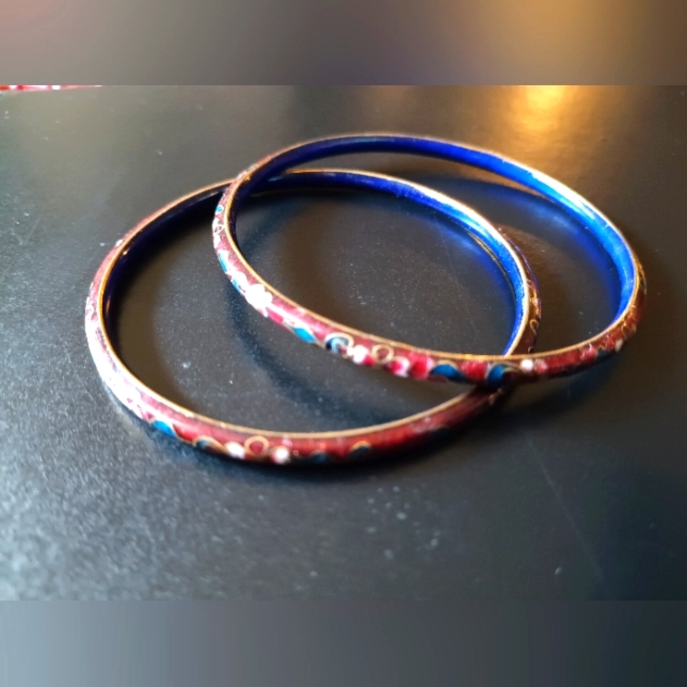 Vintage Handpainted Cloisonee Enamel Pair Of Floral Bangles